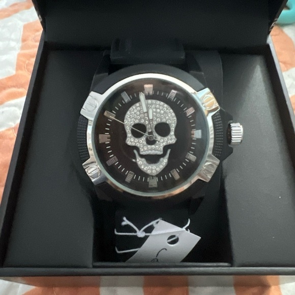 Ed Hardy men’s skull dial Matte Black silicone strap analog watch … - Picture 8 of 8